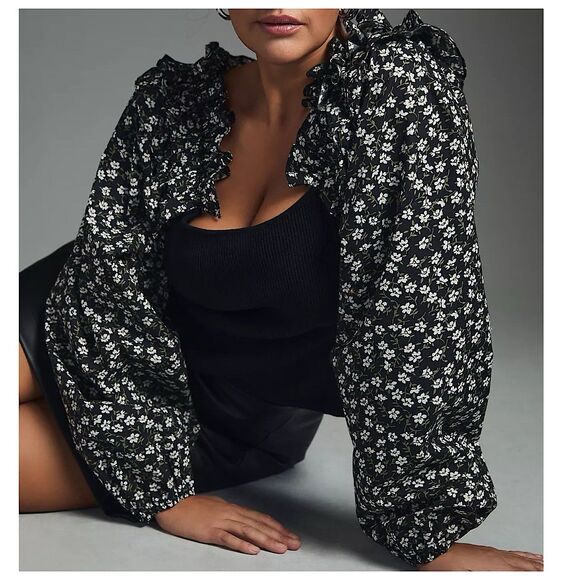 Anthropologie Ruffle Sleeve Sweater Top Womens Sz L Black Floral Long Sleeve - Picture 5 of 12